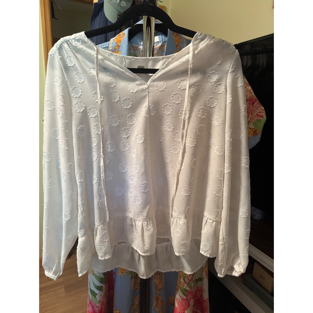 Loft Petites White Floral Clip Dot Ruffle Peplum Blouse Tie Neck SP 525504